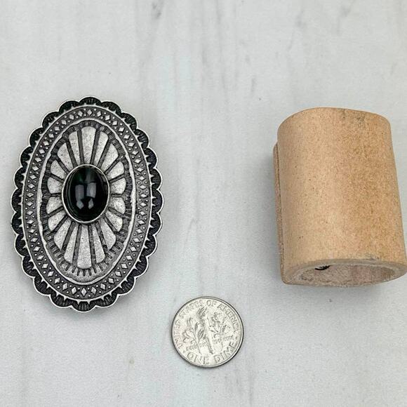 Silver Tone Concho Wild Rag Scarf Slide with Black Stone - Picture 2 of 3